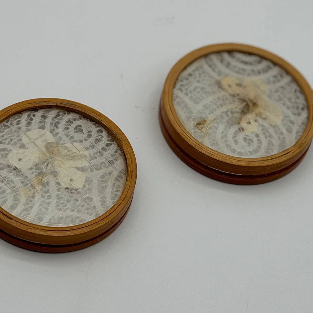 Vintage Bamboo Coasters Set of‎ 2 Pressed Butterfly Lace Inlay Glass Round 4in